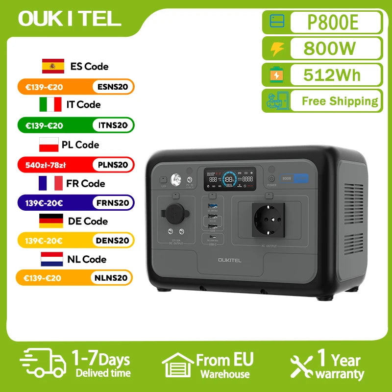 OUKITEL P800E Portable Power Station 800W Solar Generator 512Wh Lifepo4 Battery Home Backup Outdoor Camping Mobile Power
