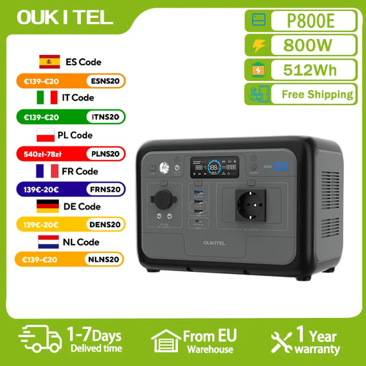OUKITEL P800E Portabel Kraftstation – 512Wh, 800W, LiFePO4, 1h Snabbladdning, UPS <10ms, 200W Sol, Ca 6 kg, EU-lager