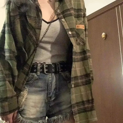 Vintage Dark Green Plaid Shirt Women Long Sleeve Oversized American Casual Fall Layering Top Blouse Coat Jacket