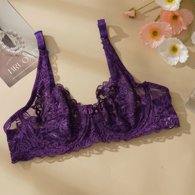 Plus Size Ultra-thin Lace Bras Women Sexy Exquisite Bras Non-padded Push Up Hollow Out Gathered Solid Underwear 34-40 B/C CUP