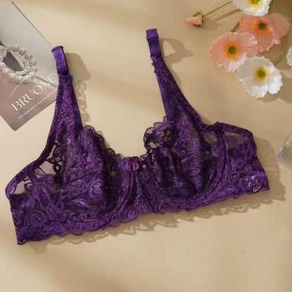 Plus Size Ultra-thin Lace Bras Women Sexy Exquisite Bras Non-padded Push Up Hollow Out Gathered Solid Underwear 34-40 B/C CUP