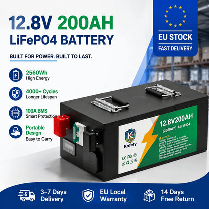 Easun LiFePO4 Batteri 12V 200Ah 2560Wh – Grade A-celler, 4S 100A BMS, >6000 Cykler, Parallellkopplingsbar, IP5X, ca 21kg, Husbil/Båt/Sol/Off-Grid, EU-frakt
