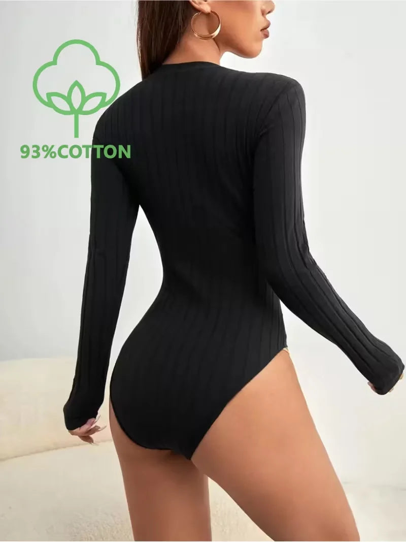Solid Color Casual Long-sleeve Ribbed Bodysuit, Comfortable High-stretch Large Ribbed Top