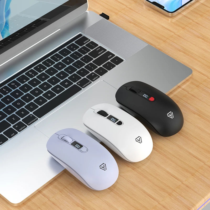 Trådlös Mus Bluetooth + 2,4G S201B – Smart Batteri-display Tyst Klick 3200 DPI USB-C Laddning Laptop PC 2026