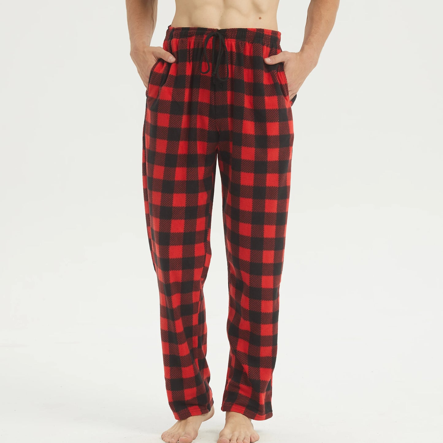 Herr Fleece Pyjamasbyxor – Mjuka Varma Rutiga med Fickor, 3 Färger M–XXL