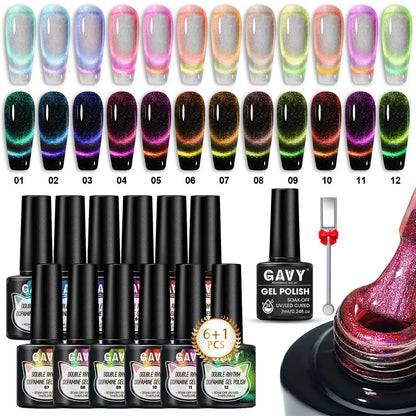 GAVY 5-Piece Two-Color Cat's Eye Gel Nail Polish Set + Black Base Gel + Magnetic Stick, for DIY Nail Art