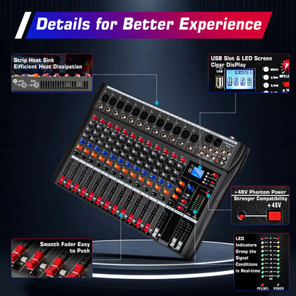 6/8/12/16 Channel Depusheng Audio Mixer Professional  Sound Board DJ Mixing Console System Interface USB MP3 Input Bluetooth 48V
