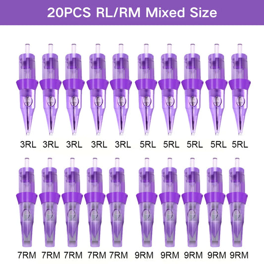 Mona Tatueringskassettkanyl 20-pack – EO-steriliserad 316 Stål Säkerhetsmembran RL RS RM M1 Mix 0,3mm PMU 2026