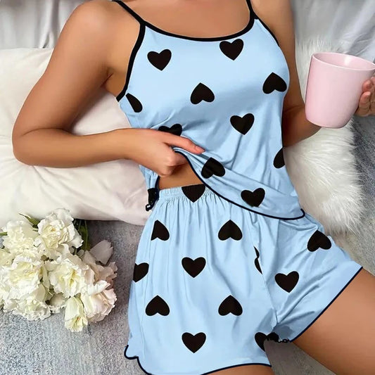 Dam Pyjamas Set Is-Silk – Hjärttryck T-shirt & Shorts Sommar, Lila & Blå