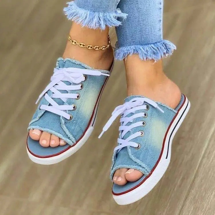 Denim strandsandaler med snörning för dam – öppen tå, halkfria