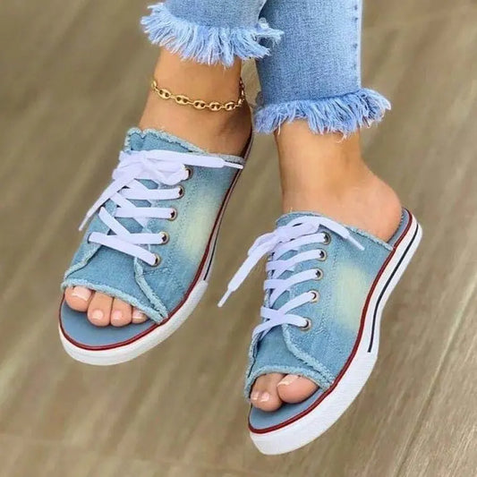 Denim strandsandaler med snörning för dam – öppen tå, halkfria