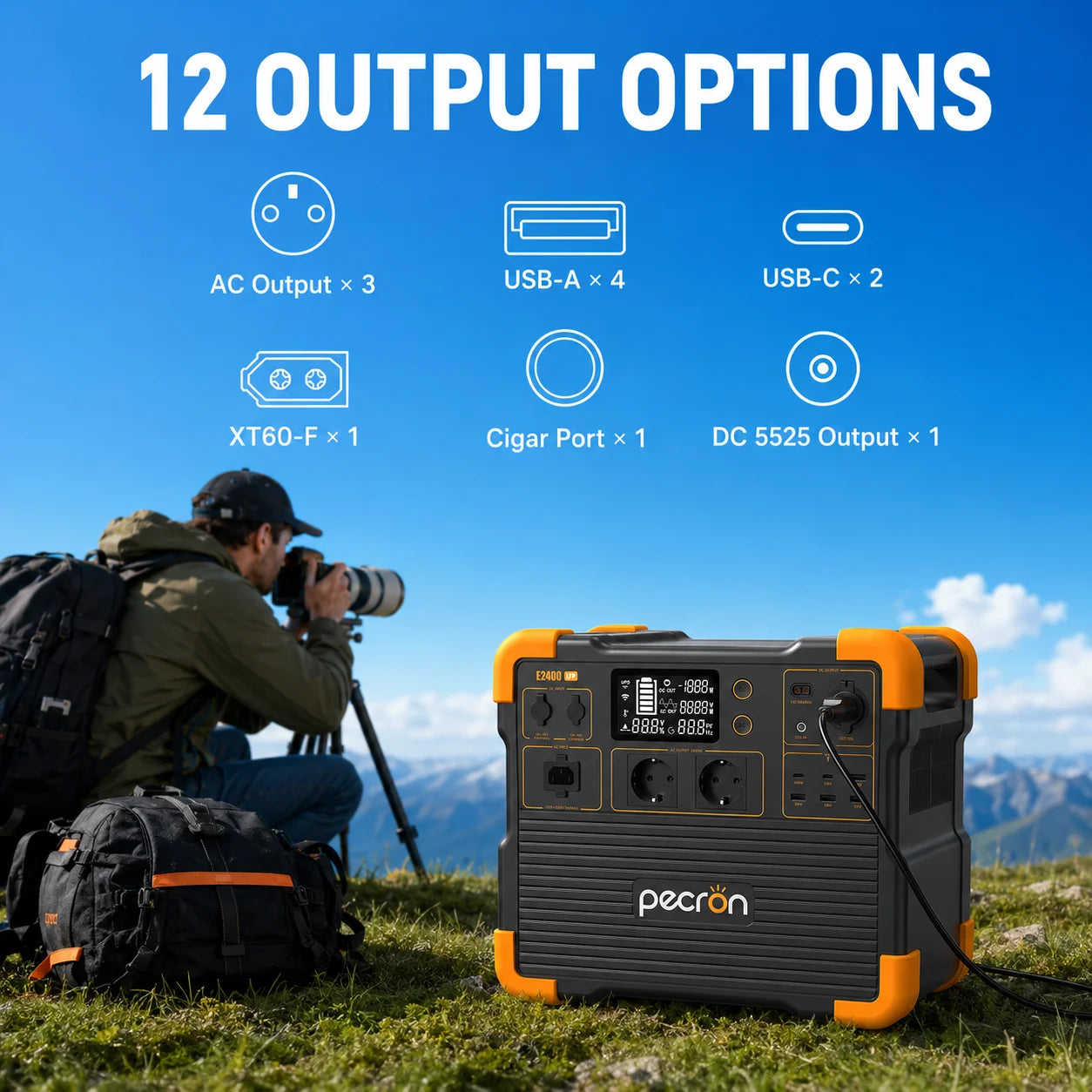 Pecron E2400 LFP 2400W Portable Power Station 2048Wh LiFePO4 Solar Generator with UPS Expandable to 8192Wh 1.6H Fast Charge 800W Solar Input for Home Emergency Camping RV Off-Grid
