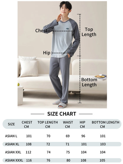 Herr Pyjamas 100% Bomull Långärmad – Fyra Säsonger Plus Size Tonår Hemmaset, L–3XL