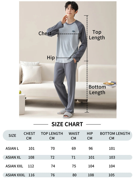 Herr Pyjamas 100% Bomull Långärmad – Fyra Säsonger Plus Size Tonår Hemmaset, L–3XL
