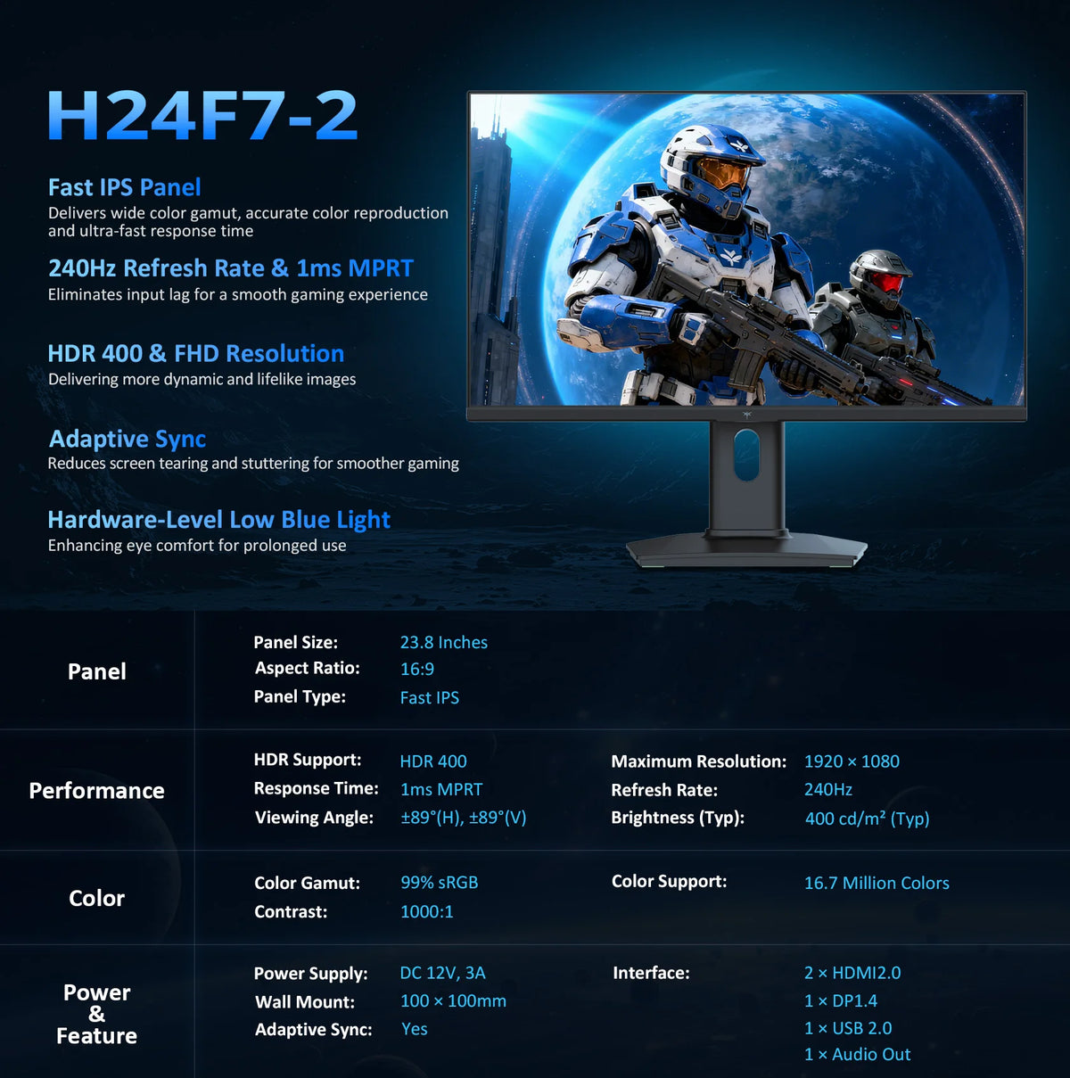 Ktc H24F7-2 23.8" Fhd Fast Ips Gaming Monitor, 240Hz, 1Ms Mprt, Hdr400, 99% Srgb, Freesync & G-Sync Compatible, Height Adjustable Pivot Stand, HDMI 2.0, Dp 1.4, 100mm X 100mm Vesa, Low Blue Light