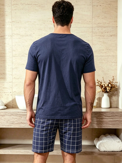 Herr Pyjamas Set Rutig – Kortärmad Topp & Shorts Hudvänlig Avslappnad, 11 Färger S–4XL