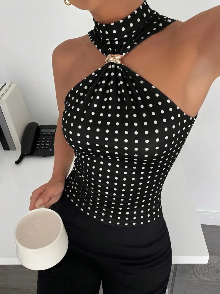 Dam Halterneck Crop Top – Metallring Twist Knot, Slim Fit Sommar Kontorsstil, 10 Färger