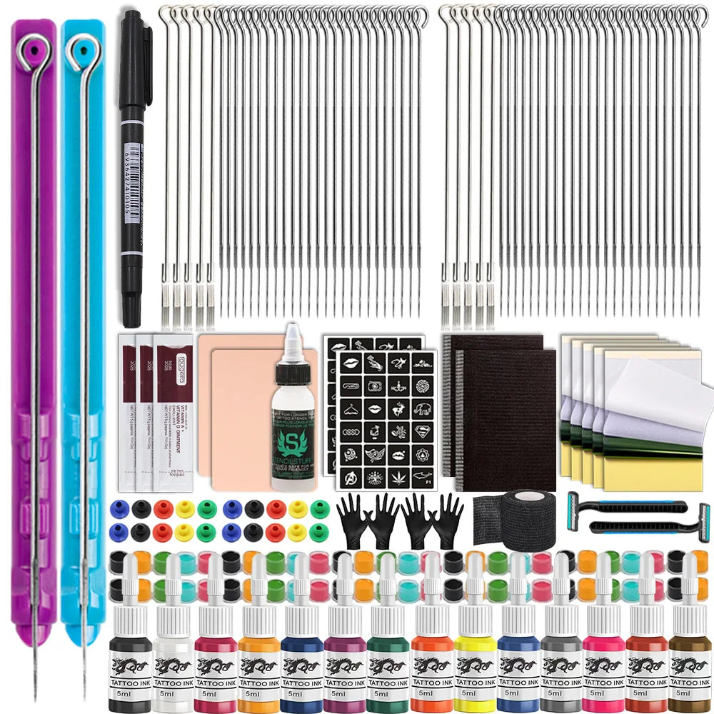 3D Hand Poke and Stick Tattoo Kit Tattoo Needle Tattoo Ink Cup Pigment Glover Bandage Kit for DIY Body Arts Beginners Practice