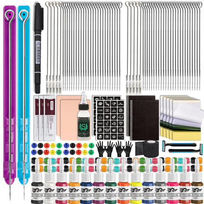 3D Hand Poke and Stick Tattoo Kit Tattoo Needle Tattoo Ink Cup Pigment Glover Bandage Kit for DIY Body Arts Beginners Practice