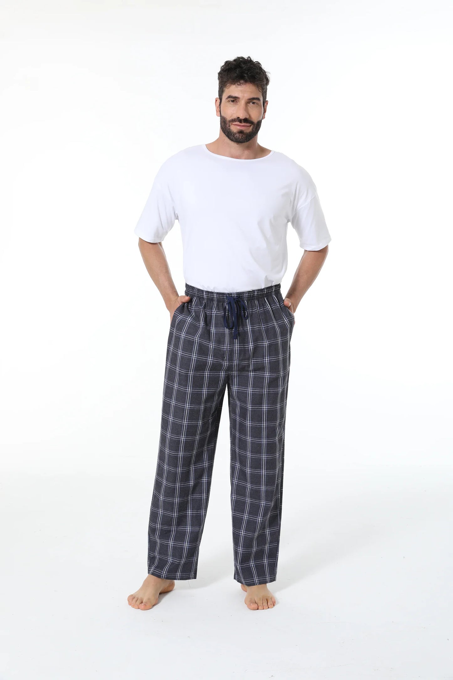 3pcs Men's Pajama Pants Autumn Simple Plaid Pattern Casual Cotton Sleepwear Trendy Elastic Waistband Home Pajama Bottoms