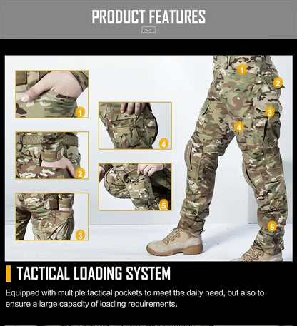 Multicam Tactical Pants +Pads Men Combat Trousers Work Camo Hunting Clothes Multi-pocket Breathable Wear-resisting Cargo Pants