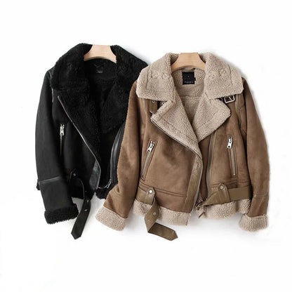 Varm Lammskinnsjacka Dam – Kort Motorcykelstil, Faux Shearling, Mocka, 2 Färger, XS–XL