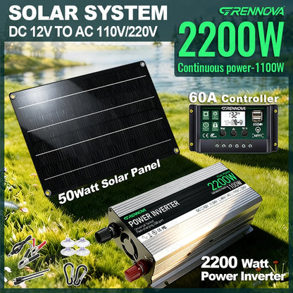 Grennova Plug-and-Play Solcellskit 1100W – 2200W Peak + 50W Panel + 60A MPPT, 110V/220V Belysning TV Fläkt Camping