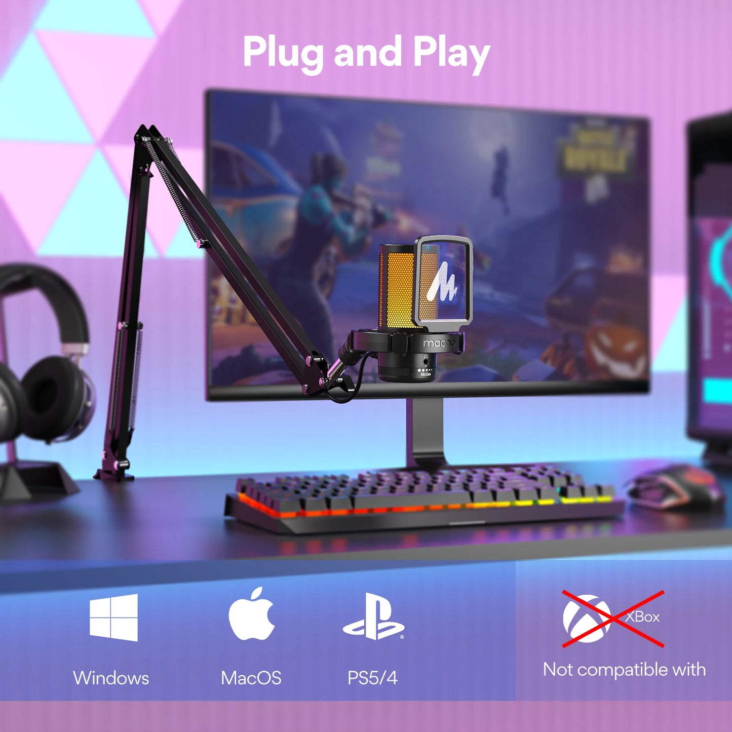 MAONO DGM20S Gaming USB Microphone Condenser Mic with RGB Light Noise Cancellation Boom Arm for Streaming Podcast YouTube Tiktok