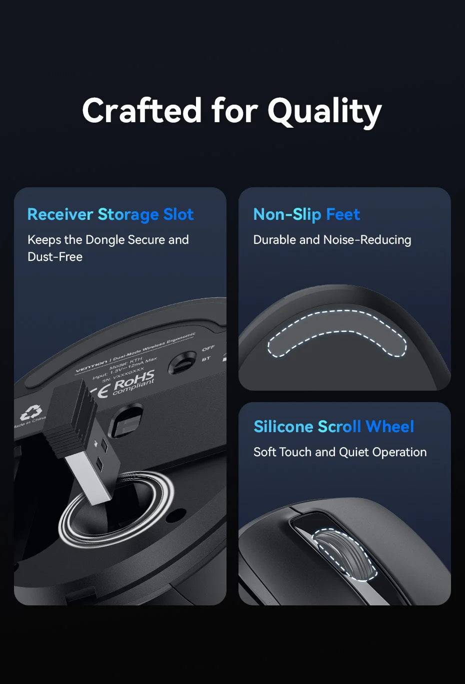 Vention Ergonomic Wireless Mouse Bluetooth 5.1 Dual-Mode USB 2.4G Mouse 4000 DPI 6 Buttons Mouse for PC MacBook Pro Tablet Mice