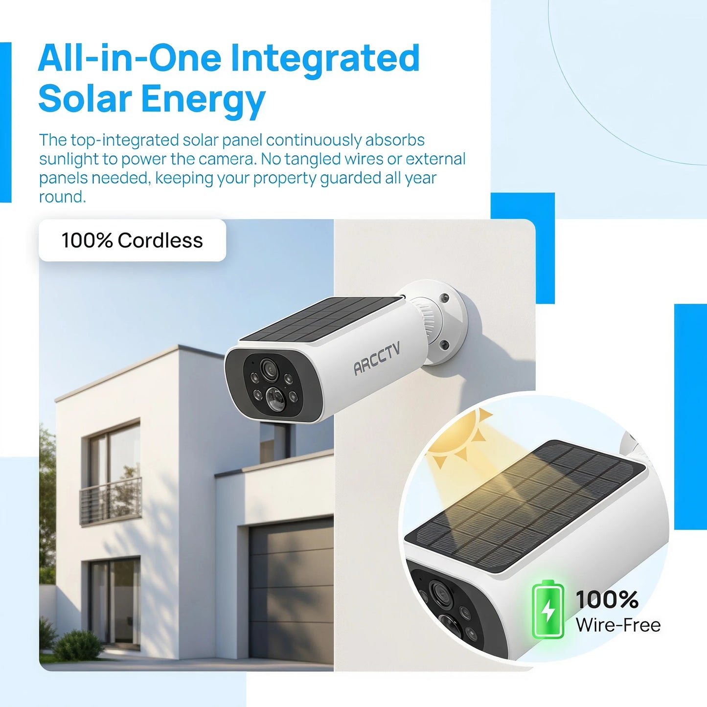 ARCCTV 2K WiFi Solar Camera Color Night Vision Two Way Talk FHD Surveillance Camera Outdoor Wireless IP66 Waterproof Siren Alarm