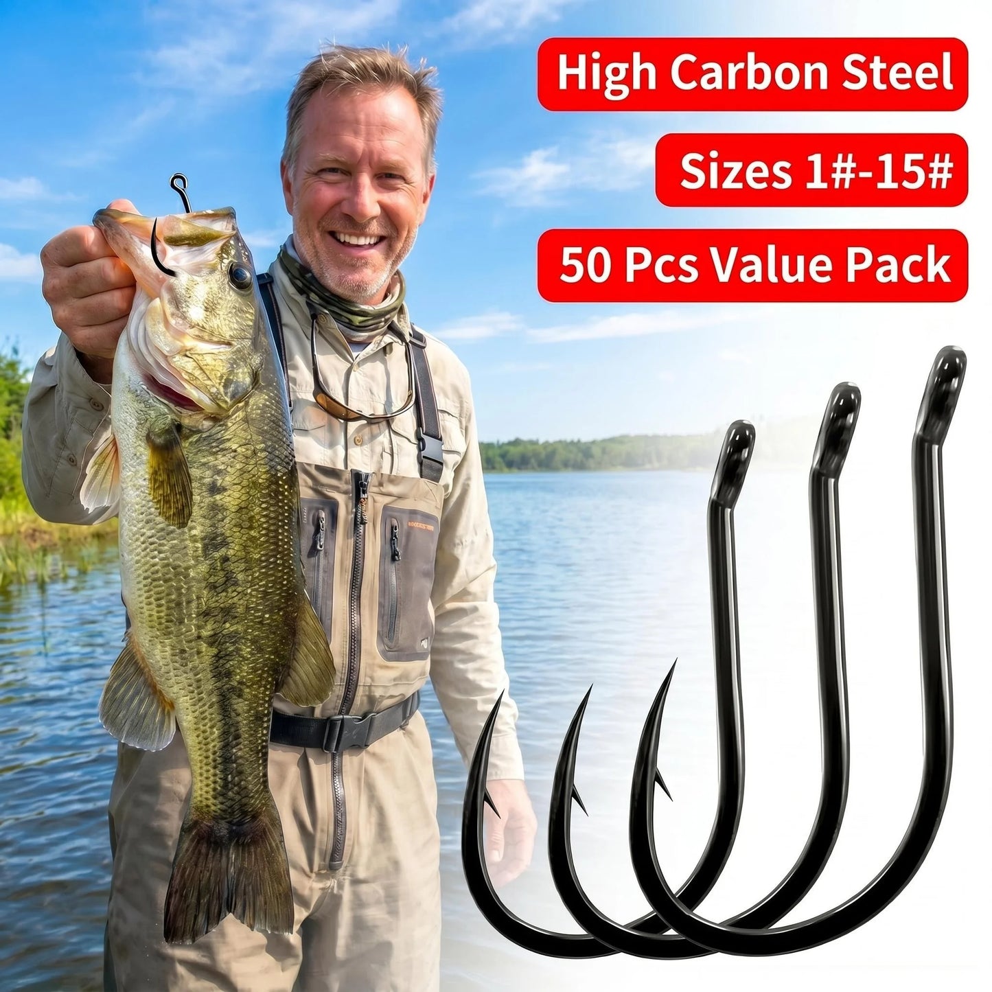 50PCS Single Circle Offset Fishing Hooks – High Carbon Steel Barbed for Carp Fly Fishing & Sea Tackle