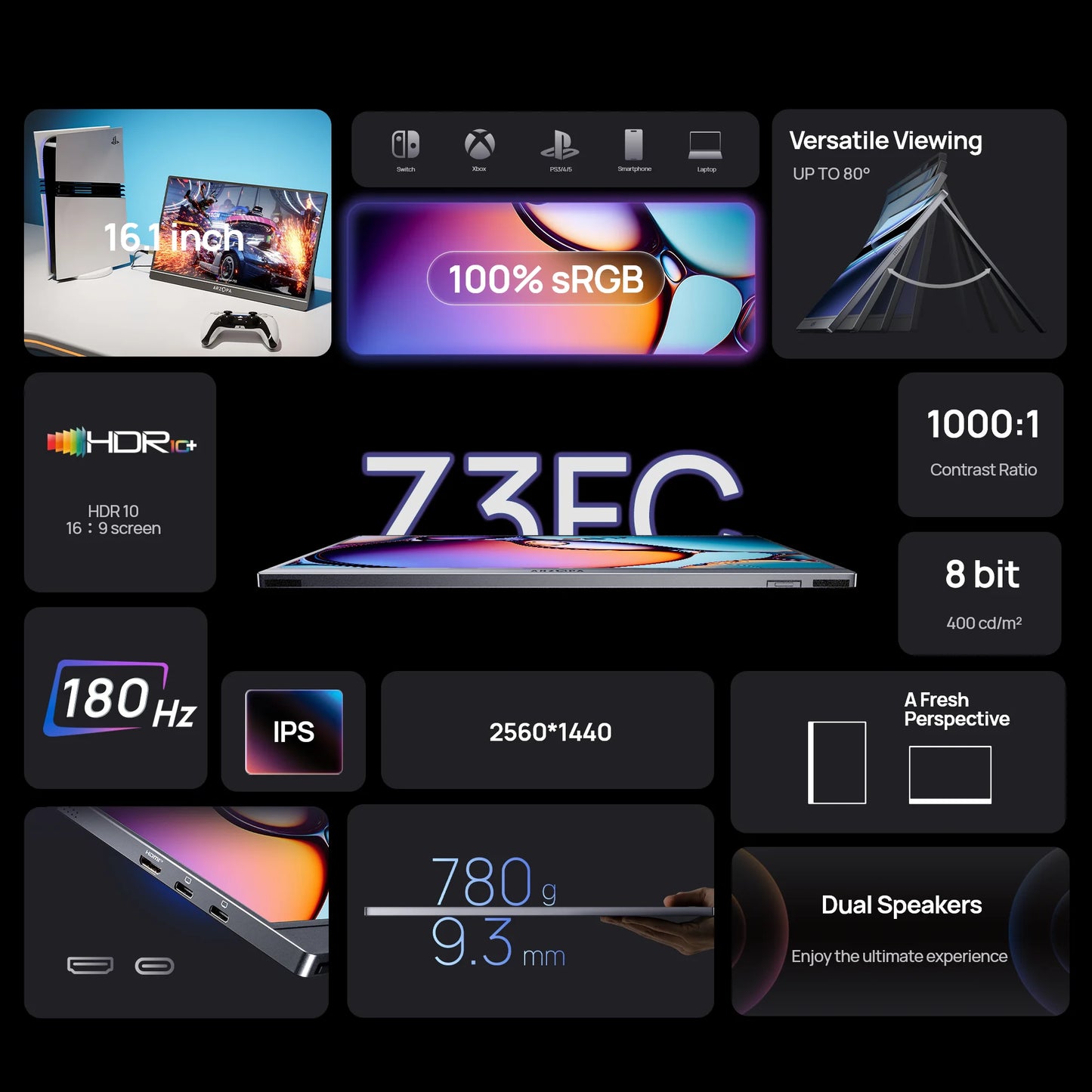ARZOPA Z3FC Portabel Skärm 16,1" 180Hz 2,5K QHD – IPS 107% sRGB HDR10 Dubbla Högtalare Aluminium USB-C HDMI