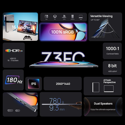 ARZOPA Z3FC Portabel Skärm 16,1" 180Hz 2,5K QHD – IPS 107% sRGB HDR10 Dubbla Högtalare Aluminium USB-C HDMI
