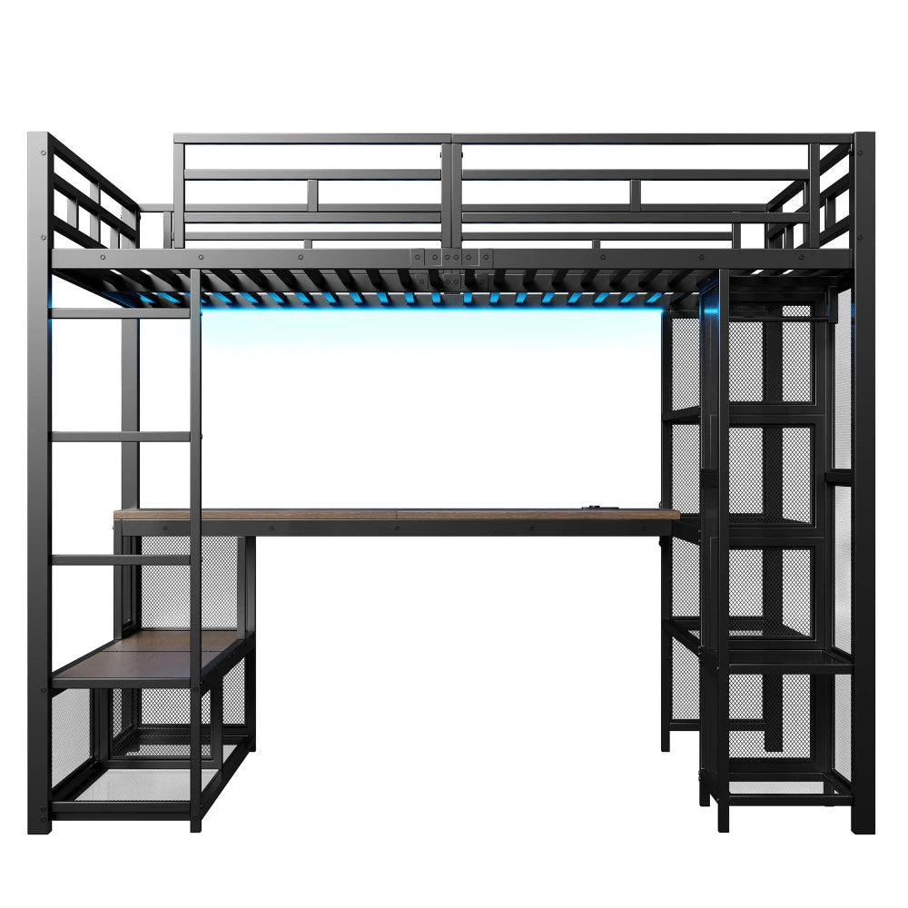 140x200cm Metal High Bed with Storage and Open Wardrobe, Kids Bedroom Bed with USB Connector and LED Lighting, Black/white