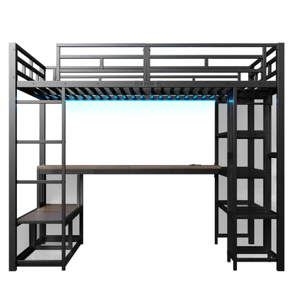 140x200cm Metal High Bed with Storage and Open Wardrobe, Kids Bedroom Bed with USB Connector and LED Lighting, Black/white