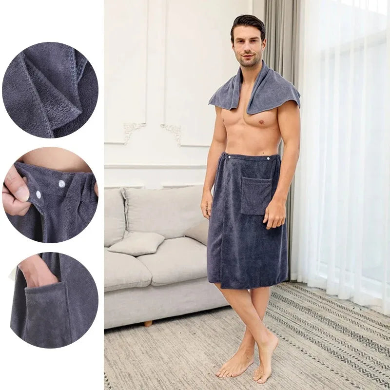 Men's Bath Robe Thickened Ultra-fine Fiber Absorbent One-piece Hotel Towel with Buckle Beach Skirt for Adults in Various Colors