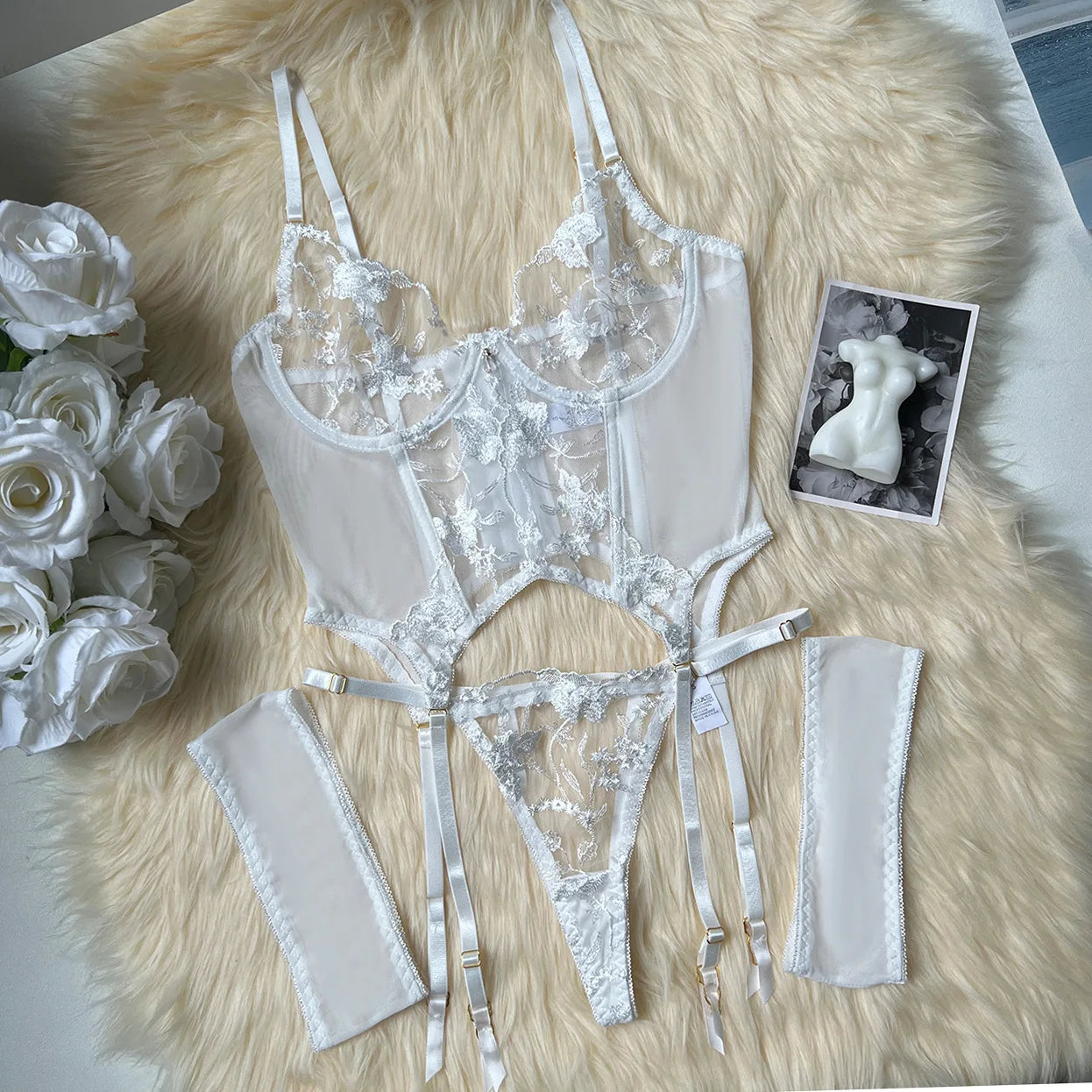 Floral Embroidered Boned Corset Lingerie Set Sheer Mesh Underwire Bustier Garter Straps Waist Cincher Romantic Night Clubwear
