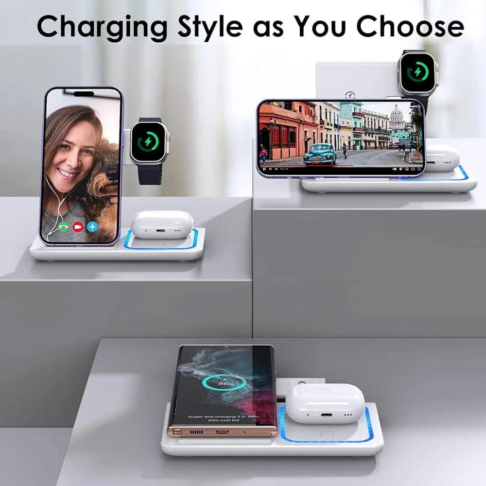 15W 3 in 1 LED Fast Wireless Charger Stand Foldable Charging Station For IPhone17-11 Apple Watch 9 8 7 6 5 Airpods Pro