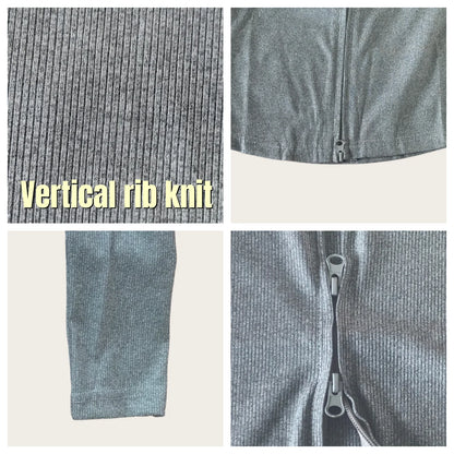 Korean Style Spring and Autumn Women's Light Gray Vertical Stripe Slim-Fit Thin Short Jacket with Two-Way Zipper Hoodie