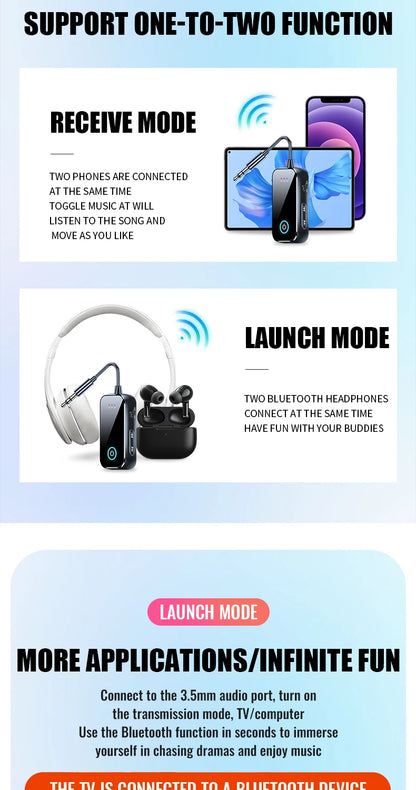 Bluetooth 6.0 AUX Audio Transmitter Receiver 2 IN 1 Wireless Adapter 3.5MM With Mic HiFi Stereo Music For Car TV PC Airplane