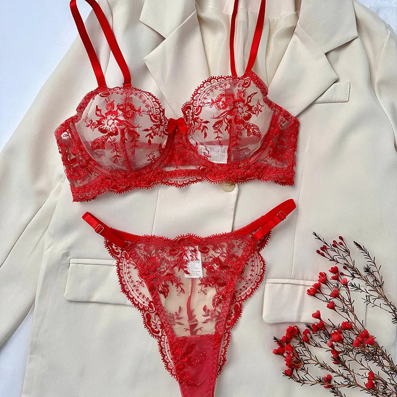 Conjunto Lencería Bordado Floral Transparente Aro Rejilla Copa Fina Sujetador Push Up Estilo Puro Deseo Ropa Interior Mujer S-XL