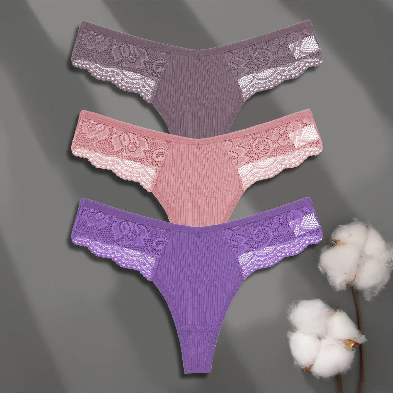 FINETOO 3-pack spetsstring i bomull med låg midja
