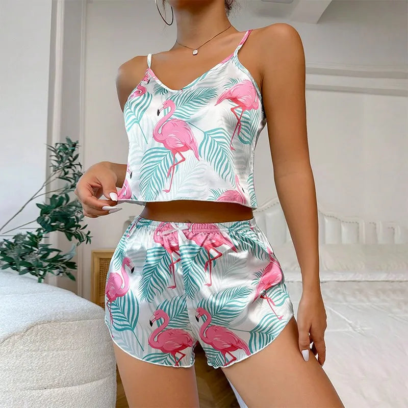 Dam Satin Pyjamas 2-delad – Hjärtprint V-ringning Cami & Shorts Sommar, 9 Färger S–XL