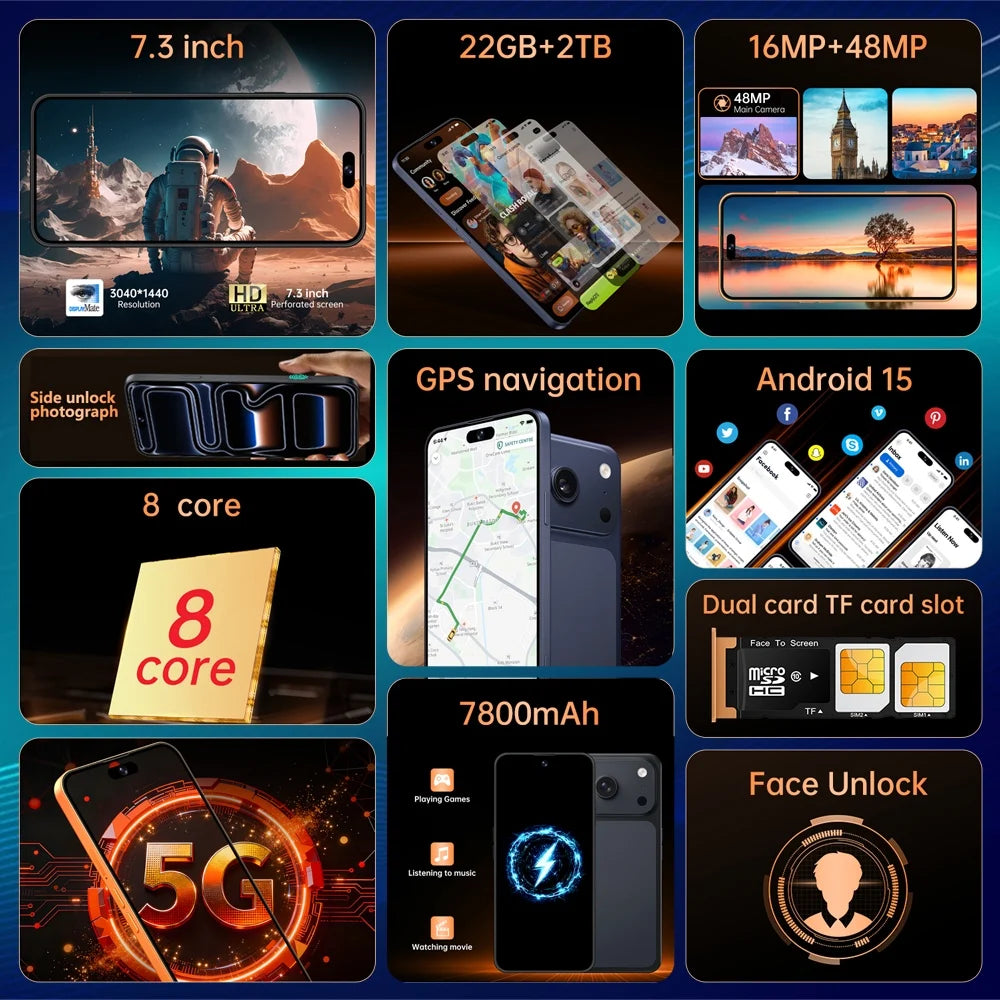 I18 Pro Max Mobile Phones Smartphone Android Smartphone 5G Cell phone 7.3 Inch 16 + 48MP AI Camera 7800mAh Global Version