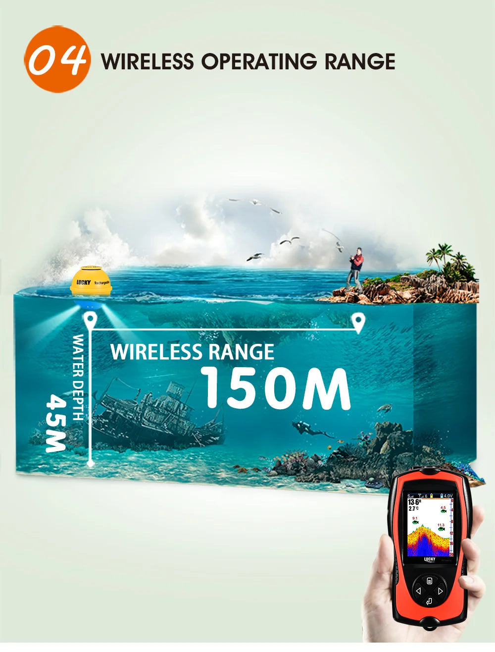 LUCKY FF1108-1CWLA Sonar Fish Finder Portable Wireless Rechargeable Echo Sounder 45M Water Depth Sensor for Fishing