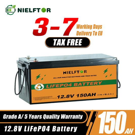 NIELFTOR LiFePO4 Batteri 12,8V 150Ah 1920Wh – 4S 150A BMS, ca 18kg, 4S4P (upp till 51,2V 600Ah), >6000 Cykler, 5års Garanti, Sol/Husbil/Båt/Off-Grid, EU-lager (Polen)