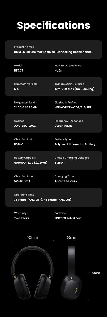 UGREEN Max5c Wireless Bluetooth Headphones ANC 43dB Active Noise Cancellation Hi-Res LDAC 75H Spatial Audio Earphones Headset