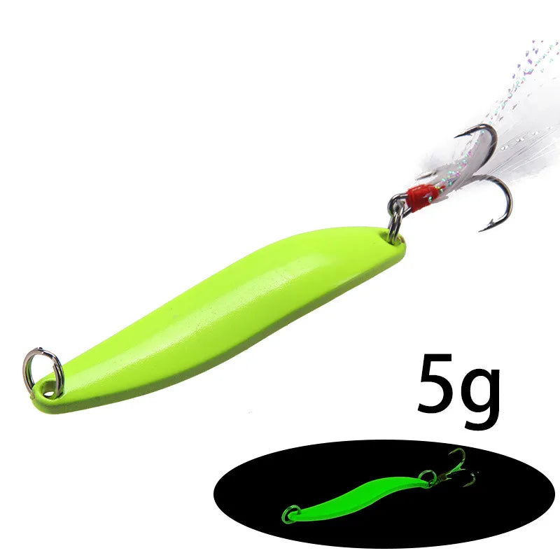 1pcs 5g 7g 10g 13g Luminous Fishing Spinner Spoon Lure Hard Bait with Feather For Bass Sea Lures Wobbles Fishing Accessories
