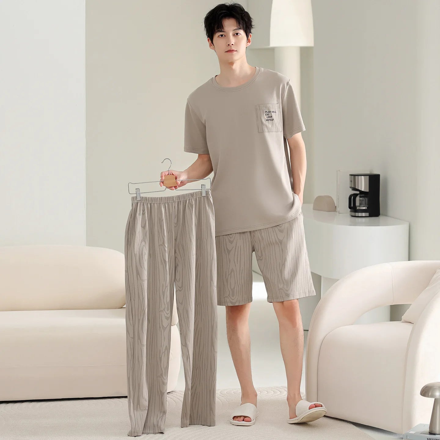 Antibacterial Cotton Pajamas for Men Summer Short Sleeve Shorts Long Pant Three-Piece Set Simple Solid Color Loose Homewear