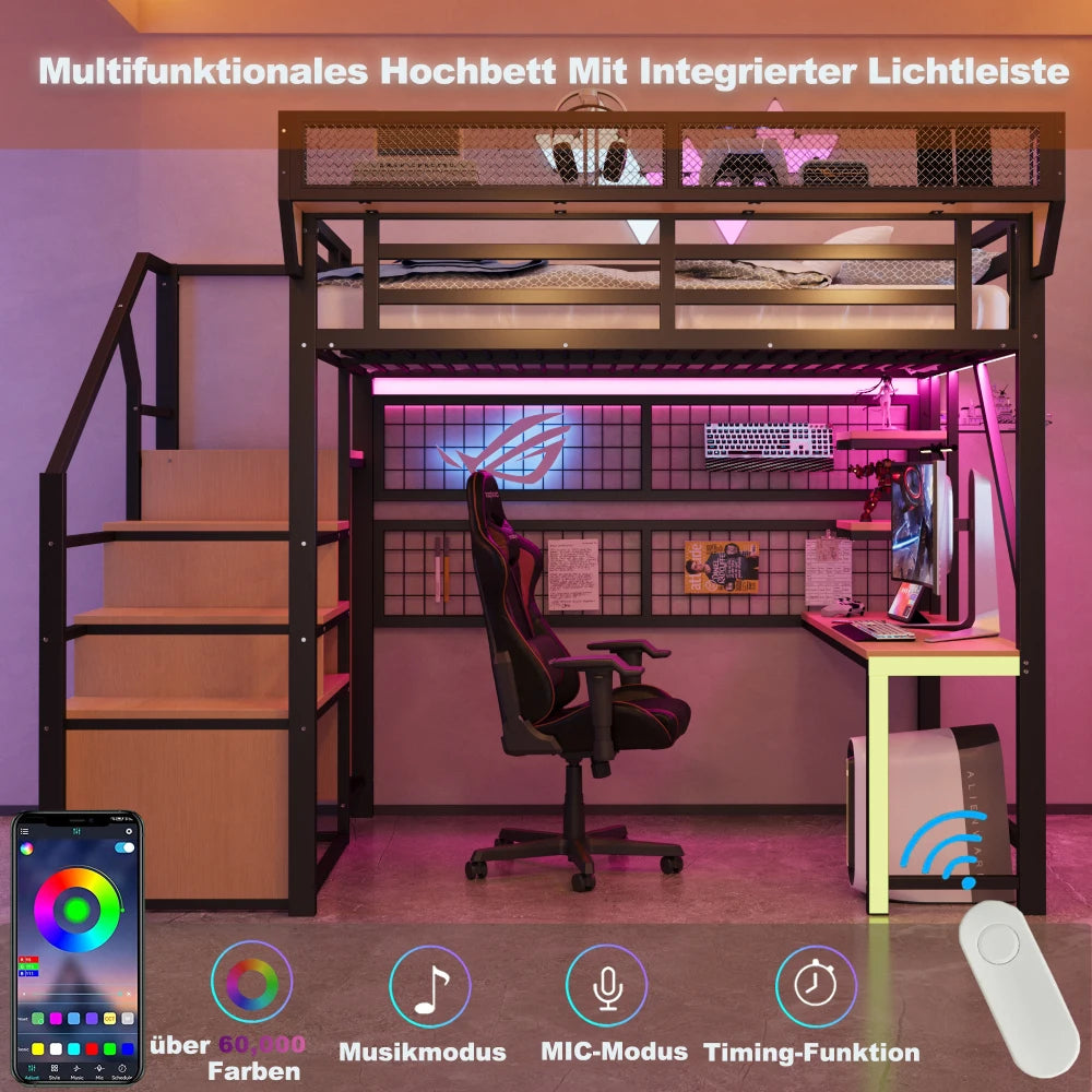 90×200cm & 140*200cm Metal High Bed, with Desk, Shelf and Storage Net, Complete with Safety Ladder, LED Lighting and Socket